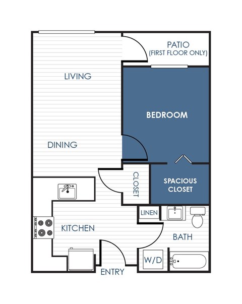 Floor plan for 1 bed, 1 bath, 868 sqft